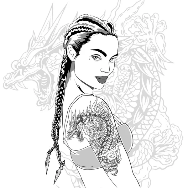 Chica Con Tatuaje Dragón — Archivo Imágenes Vectoriales