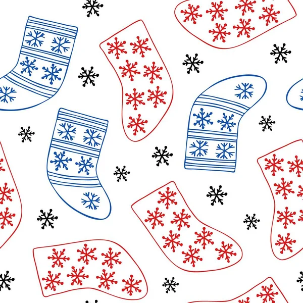 Meia de Natal padrão sem costura mão simples desenhada em estilo doodle vetor esboço ilustração para cartões de saudação, têxtil, papel presente, reuniões familiares férias de inverno, período festivo de inverno — Vetor de Stock