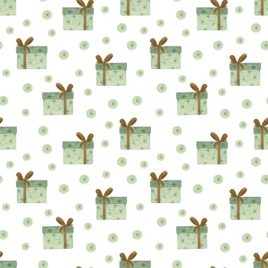 Tekrarlanan şablon Noel açık yeşil hediye kutusu renkli fiyonklar ve kurdeleler ve suluboya renkler parti aksesuarları, aile toplantıları ve kutlamalar için.