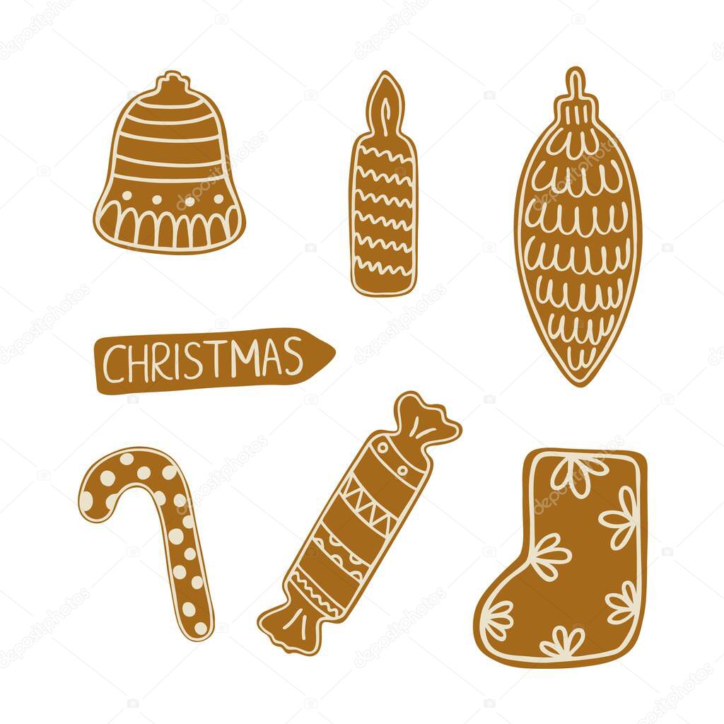 Christmas gingerbread cookies traditional holiday celebration design hand drawn in doodle style decorated with sugar icing winter sweet food for greeting card, invitations, banner vector illustration
