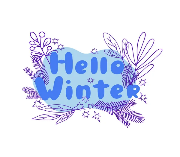 Weihnachten Florale Komposition Mit Hallo Winter Phrase Einfachen Handgezeichneten Cartoon — Stockvektor