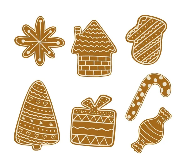 Biscoitos Gengibre Natal Tradicional Feriado Celebração Design Mão Desenhada Estilo — Vetor de Stock