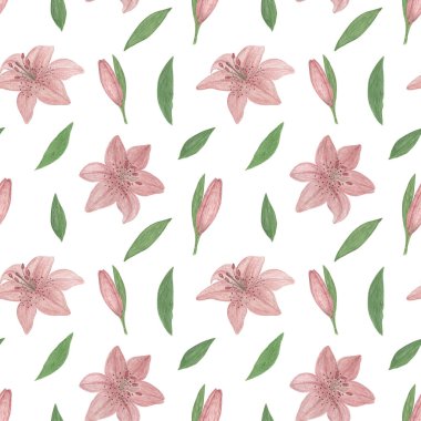 Hassas, koyu pembe zambak desenli, dikişsiz, elle çizilmiş suluboya bahçe çizimi tebrik kartları, tekstil, kumaş için basit çizimler.