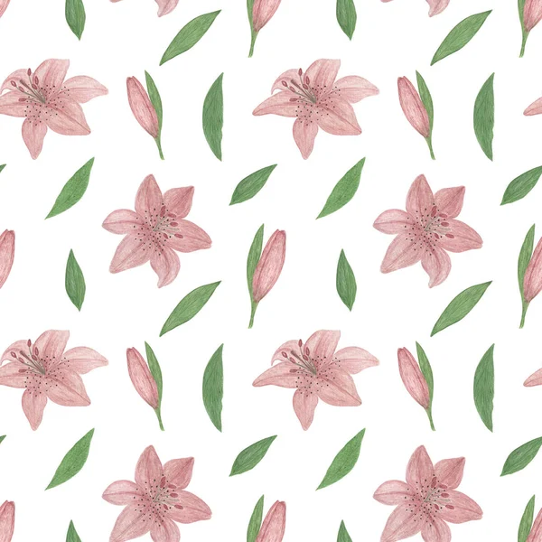 Zarte dämmerige rosa Lilienblüten nahtloses Muster, handgezeichnete Aquarellillustration Gartenpflanze einfache Zeichnung für Grußkarten, Textil, Stoff — Stockfoto