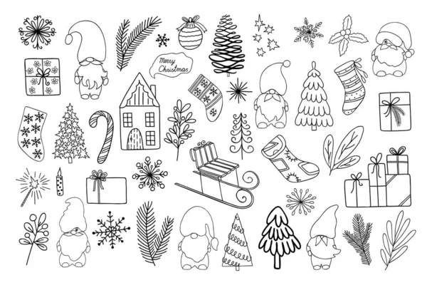Natal definir árvores, presentes, meias, cana-de-açúcar, flocos de neve, gnomos mão desenhada em estilo simples esboço doodle para férias de inverno cartões de saudação, convites, banners, decoração, autocolantes — Vetor de Stock