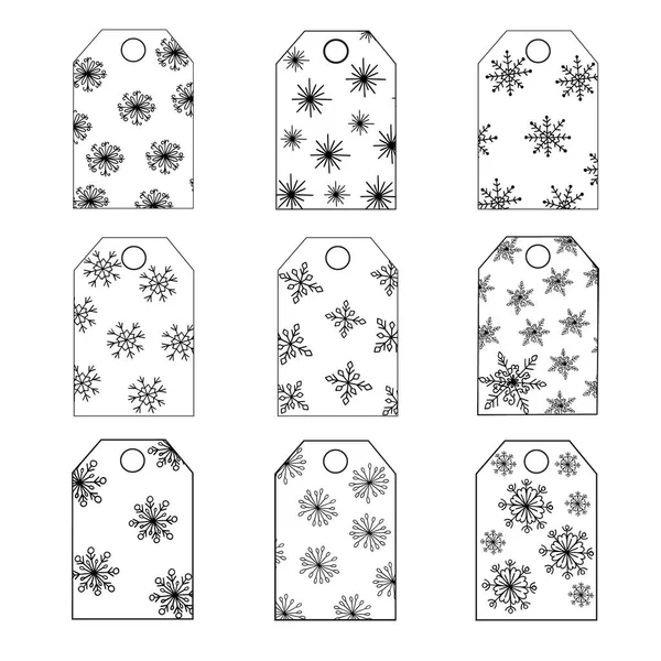 Étiquettes d'étiquettes de cadeaux de Noël de flocons de neige dessinés à la main dans un style doodle contour simple — Image vectorielle