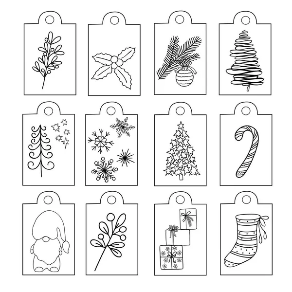 Regalos de Navidad etiqueta etiquetas conjunto de vacaciones de invierno elementos dibujados a mano en el estilo de garabato esquema simple. — Vector de stock