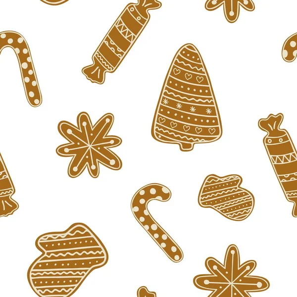 Biscoitos Gengibre Natal Tradicional Feriado Celebração Repetição Padrão Mão Desenhada — Vetor de Stock