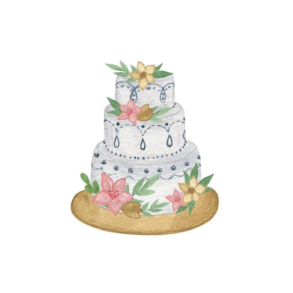 Bolo Casamento Decorado Com Flores Coloridas Aquarela Ilustração Mão Macia — Fotografia de Stock
