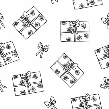 Yay ile hediye kutusu tekrarlanan vektör illüstrasyon St Valentine aşk ve duygu tatil parti aksesuarları, aile kutlamaları dekoru için basit taslak el çizimi tarzı