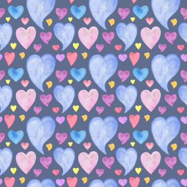 Farklı boyutlarda kalpler. Aşkın suluboya sembolü. Sevgililer Günü kutlamaları, tekstil, afiş, davetiye.