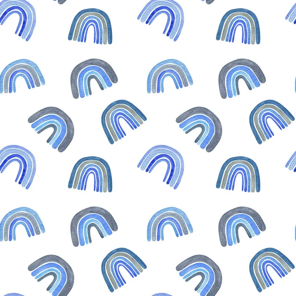 Blauwe regenbogen schattig kinderdagverblijf aquarel herhaling patroon illustratie in de hand getekend stijl, trendy kinderen naadloos ornament voor baby shower, partij, textiel, papercraft, positief ontwerp — Stockfoto