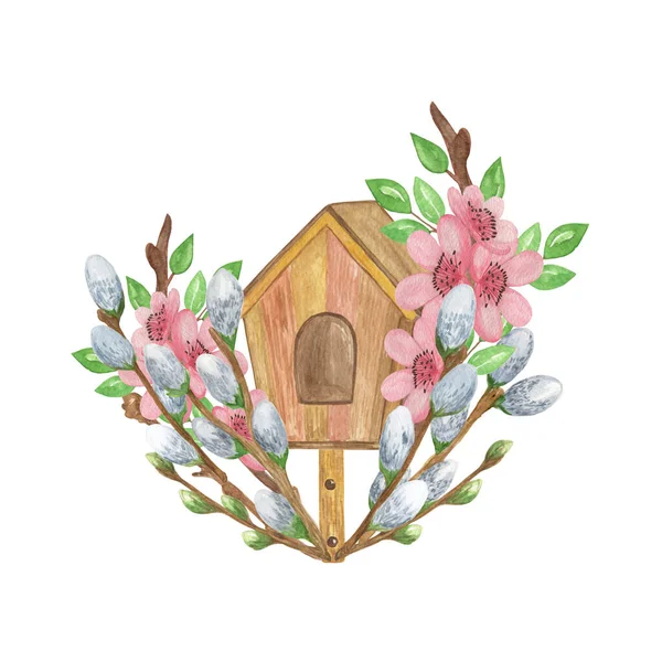 Pussy willow fluffy branch, bird house, cherry blossom flowers spring floral composition, young twigs of spring trees, watercolor image for Easter holidays banner, cards, invitations — Stockfoto