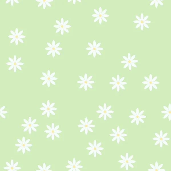 Florales nahtloses Muster, einfaches Ornament aus weißen Gänseblümchen in zufälliger Reihenfolge auf hellgrünem Hintergrund, Vektorillustration für Textilien, Geschenkpapier — Stockvektor