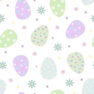 Paskalya bayramı sembolü rengarenk yumurtalar pastel tonlarda pürüzsüz desenler, bahar şenliği için düz stil vektör çizimleri, tebrik kartları, hediye kağıtları, afişler, web tasarımı