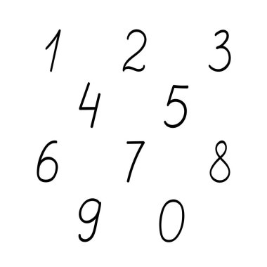 Küçük el çizilmiş siyah sayılar karalama stili ana hatları çizim vektör çizimi, kaligrafik matematik sembolleri, sevimli komik dekoratif harfler