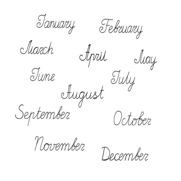 Conjunto de nombres de meses del año, ilustración vectorial dibujada a mano, letras caligráficas para planificador, calendario, horario, calendario — Vector de stock