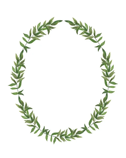 Green leaves oval frame simple hand drawn watercolor illustration, festive greenery clipart, holiday celebration ornament for invitation, wedding or greeting cards — Stock Photo, Image