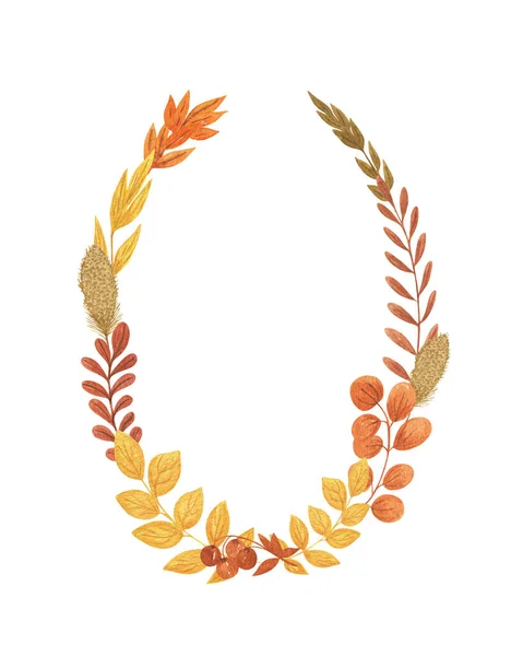 Folhas de outono moldura oval simples mão desenhada aquarela ilustração, grinalda vegetação festiva, feriado celebração ornamento para convite, casamento ou cartões de saudação — Fotografia de Stock