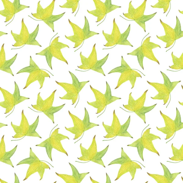 Жовто-зелене осіннє листя повторює візерунок акварельний сезонний безшовний орнамент для текстилю, подарункового паперу, листівок, запрошень будь-якого святкового дизайну, вінтажного та романтичного стилю ручної роботи — стокове фото