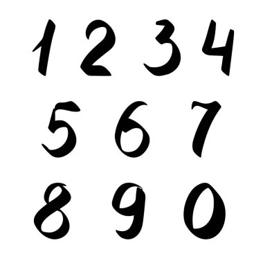 Küçük el karalama stili vektör çizimi, kaligrafik matematik sembolleri, sevimli komik dekoratif harfler ile birden sıfıra kadar siyah sayılar çizdi.