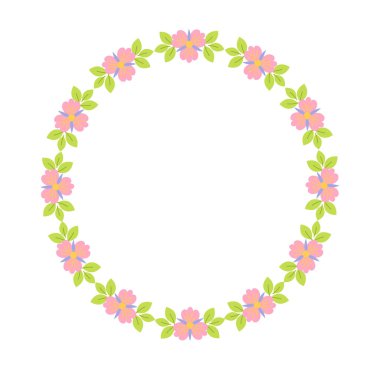 Yuvarlak pembe çiçekler ve yapraklı çelenkler dekoratif unsurlarla, bayram tatili mevsimlik çerçeve çizimi Paskalya dekoru, kartlar, posterler, davetiyeler, kutlama tasarımı