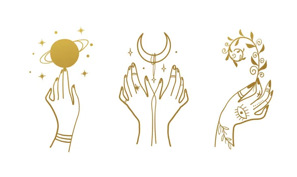 Mystical line drawings for boho design, tattoo, logo, gold foil. Hands with a planet, a crescent, a plant. Vector sketch isolated on white background. — Stock Vector