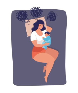 Concept illustration about postpartum depression, worry, and anxiety of a young mom. The woman sleeps with a baby on the bed and cries. Vector illustration isolated on white background. clipart