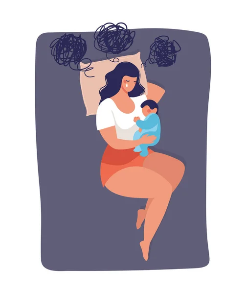 Illustrazione concettuale sulla depressione post-parto, la preoccupazione e l'ansia di una giovane mamma. La donna dorme con un bambino sul letto e piange. Illustrazione vettoriale isolata su sfondo bianco. — Vettoriale Stock