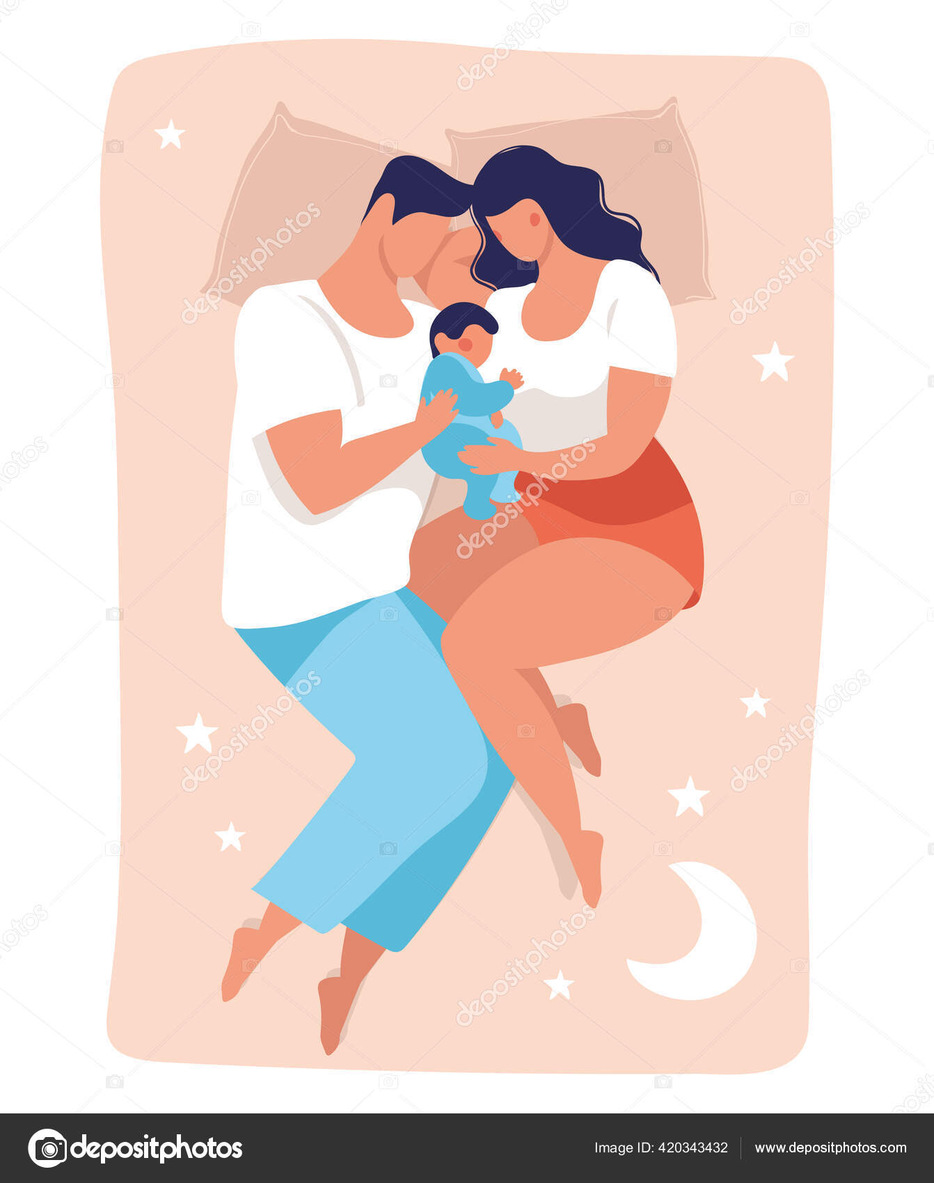 A young family sleeps with a child. Daddy and mommy are sleeping on the bed  hugging the baby. Flat vector illustration isolated on white background.  Stock Vector Image by ©Antusenok #420343432