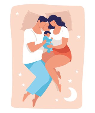 Genç bir aile bir çocukla yatıyor. Anne ve baba yatakta uyuyorlar ve bebeğe sarılıyorlar. Düz vektör çizimi beyaz arkaplanda izole edildi.