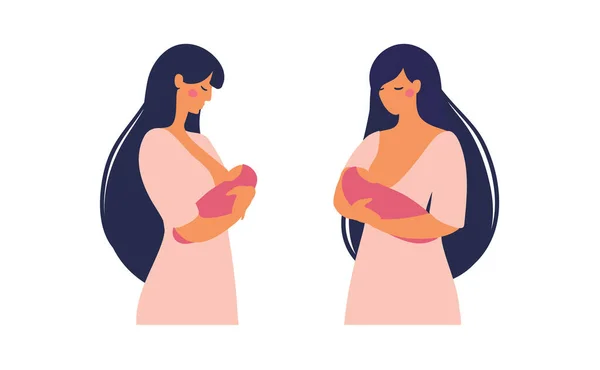 Een jonge moeder geeft haar baby borstvoeding. Vrouw voedt haar pasgeborene met moedermelk, voor- en zijaanzichten. Vlakke vectorillustratie geïsoleerd op witte achtergrond. Cartoon ontwerp. — Stockvector