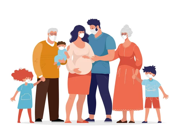Οικογένεια Χρησιμοποιεί Ιατρικές Μάσκες Για Προστασία Από Τον Κορωναϊό Έγκυος — Διανυσματικό Αρχείο