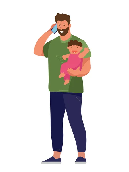 一个男人在家里的电脑前工作 抱着孩子 打电话 自由职业 远程工作 家庭和工作的概念 平面卡通矢量插图 — 图库矢量图片