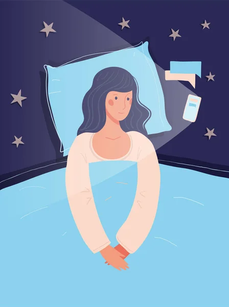 Het Meisje Ligt Bed Met Telefoon Concept Illustratie Slapeloosheid Psychologische — Stockvector