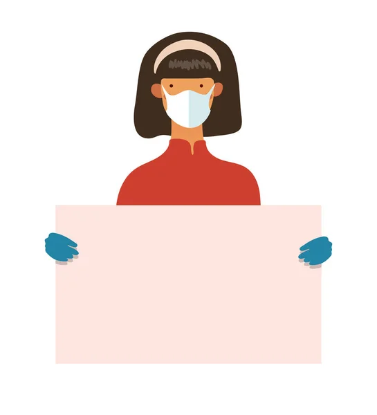 Жінка Медичній Масці Рукавичках Тримає Плакат Місцем Тексту Шаблон Розробки — стоковий вектор