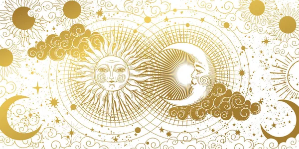 Banner Mágico Para Astrologia Tarô Design Boho Universo Crescente Dourado — Vetor de Stock