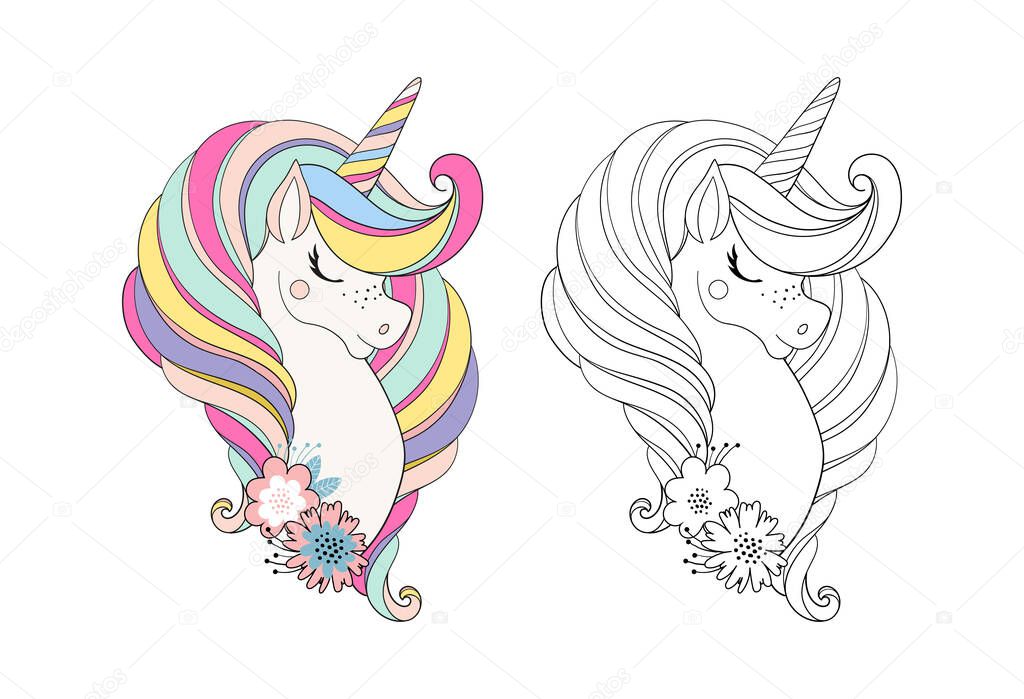 Unicorn head with flower. Beautiful portrait of a magic horse for design, postcard, invitation, children s party. Colorfull color vector illustration isolated on white background