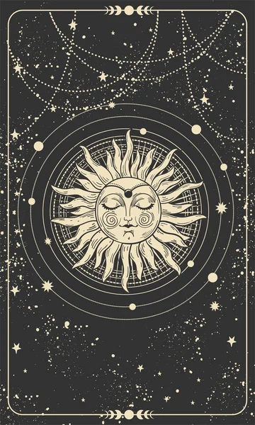 Tajemná Kresba Slunce Obličejem Tarotové Karty Boho Ilustrace Magická Karta — Stockový vektor