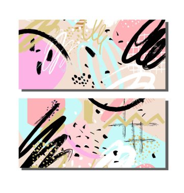 Modern soyut arka planlar seti, bayram afişi. Modern vektör çizimi, Memphis tarzı, soyut arka plan. Tasarım, doğum günü, çocuk partisi, kapak için.