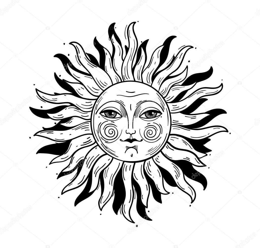 Vintage style illustration, sun with a face, stylized drawing, engraving. Mystical element for design in boho style, logo, tattoo. Vector illustration isolated on white.