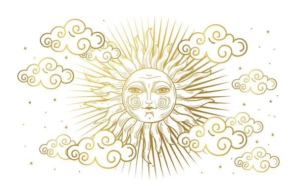 Magický prapor pro astrologii, tarot, boho design. Vesmír, zlaté slunce s tváří a mraky na bílém izolovaném pozadí. Esoterická vektorová ilustrace, vzor. — Stockový vektor