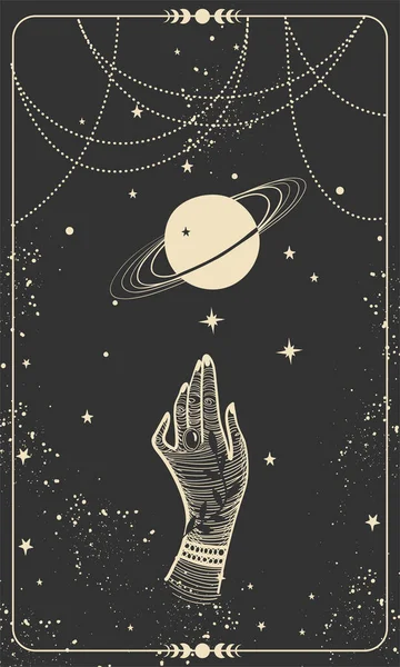 手と惑星とタロットカード。魔法のカード、 bohoの設計、入れ墨、彫刻、魔女のためのカバー。星と黒の背景に描かれた黄金の神秘的な手. — ストックベクタ