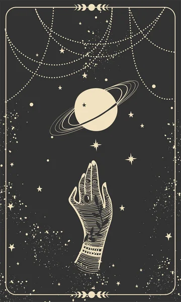 Tarotkarte mit Hand und Planet. Zauberkarte, Boho-Design, Tätowierung, Gravur, Cover für die Hexe. Goldene mystische Handzeichnung auf schwarzem Hintergrund mit Sternen. — Stockvektor