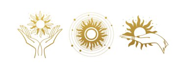 Güneşli mistik altın logolar seti. Elim güneşi tutuyor. Dövme, boho tasarımı, astroloji ve yıldız falı için vektör çizimleri. Doodle çizimi beyaz arkaplanda izole edildi.