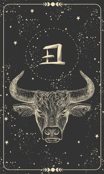 Feliz Año Nuevo 2021 del Buey, Buey-Tauro. Dibujo lineal sobre fondo negro, tarot, tatuaje, horóscopo chino, astrología y signos del zodiaco. Ilustración vectorial para póster, portada, calendario, logotipo. — Vector de stock