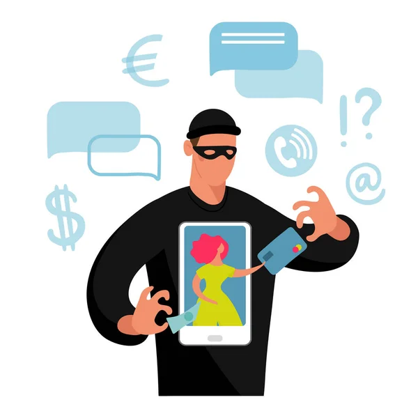 Conceptuele illustratie van online fraude, cybercriminaliteit, data hacking. Het meisje op het scherm en de oplichter die geld en een bankkaart steelt. Platte vectorillustratie. — Stockvector