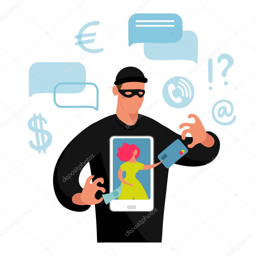 Conceptual illustration of online fraud, cyber crime, data hacking. The girl on the phone screen and the scammer stealing money and a bank card. Flat vector illustration.