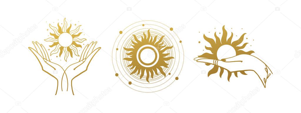 Set of mystical golden logos with the sun. The hand holds the sun. Set of vector drawings for tattoo, boho design, astrology, horoscope. Doodle illustration isolated on white background.