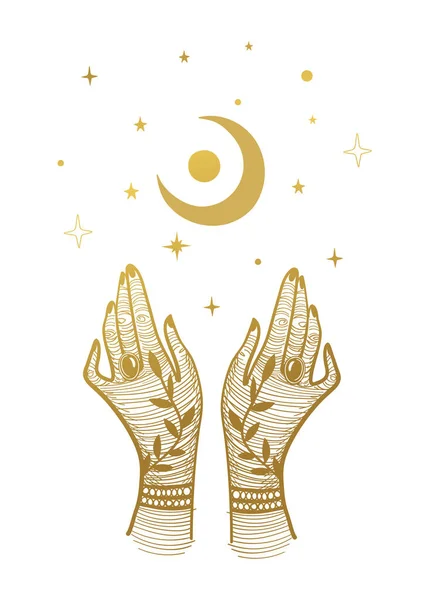 Manos de mujer con tatuajes y luna creciente. Ilustración mágica, diseño boho, tatuaje, grabado, vector de cartas del tarot. Dibujo místico dorado aislado sobre fondo blanco con estrellas. — Vector de stock